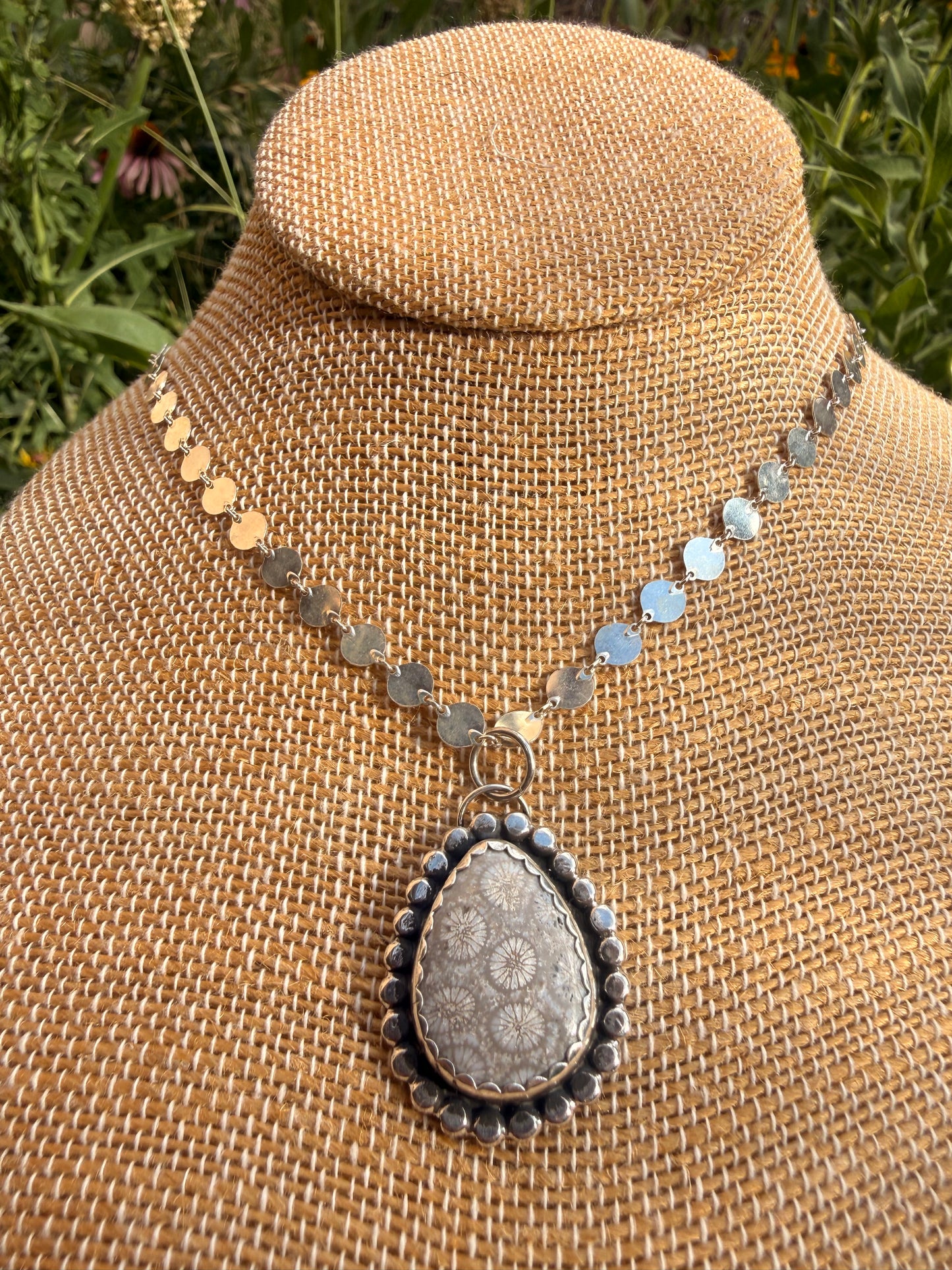 Gray Fossil Coral Silver Disk Necklace