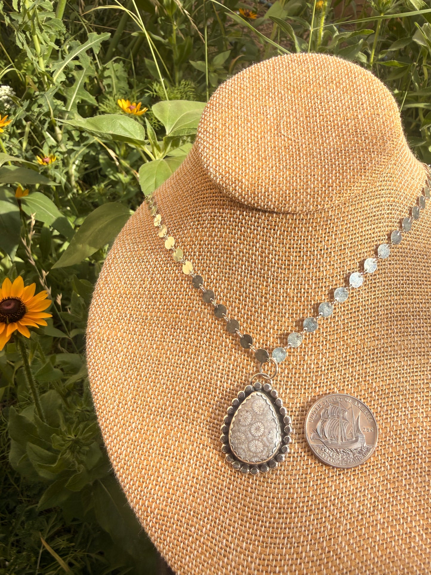 Gray Fossil Coral Silver Disk Necklace