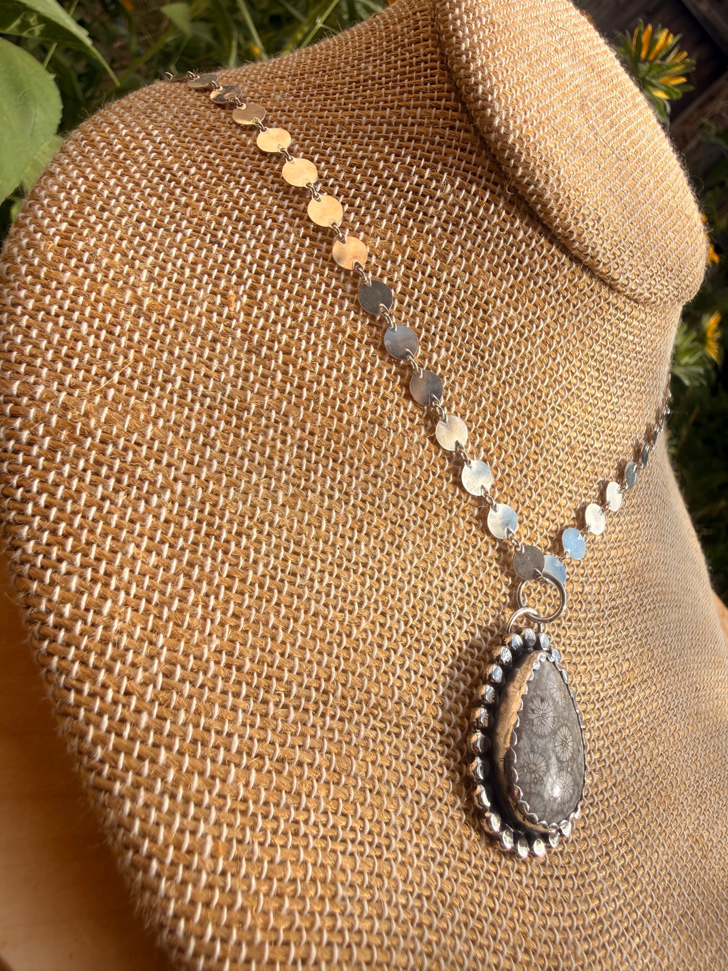 Gray Fossil Coral Silver Disk Necklace