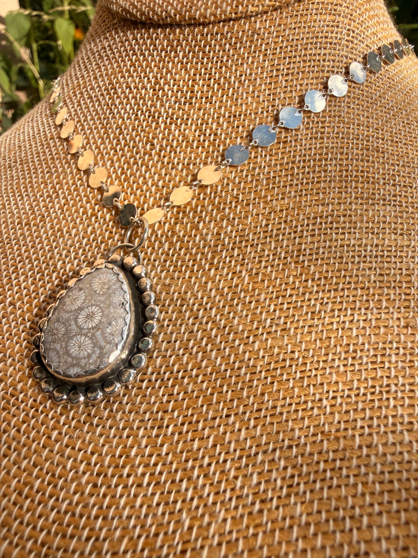 Gray Fossil Coral Silver Disk Necklace