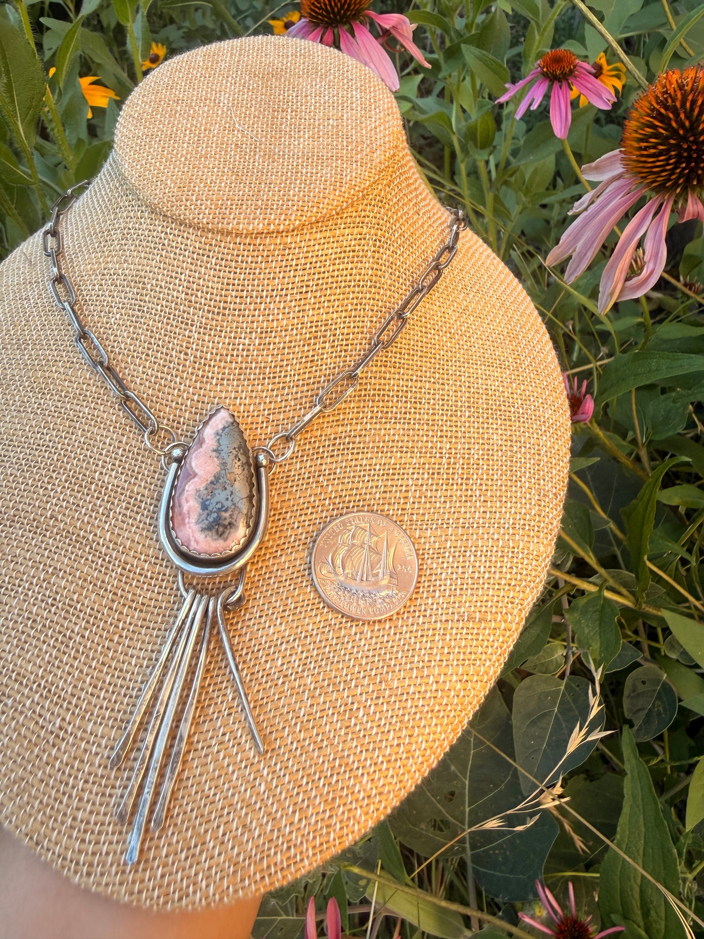 Pink Rhodochrosite & Pyrite Arrow Fringe Necklace