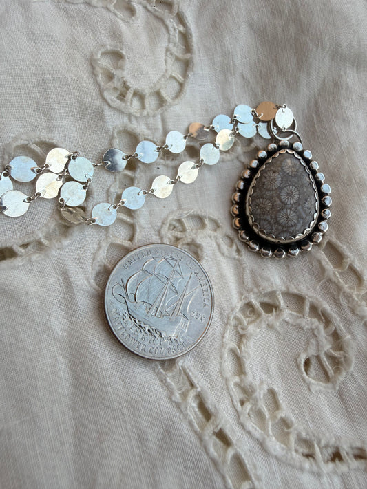 Gray Fossil Coral Silver Disk Necklace