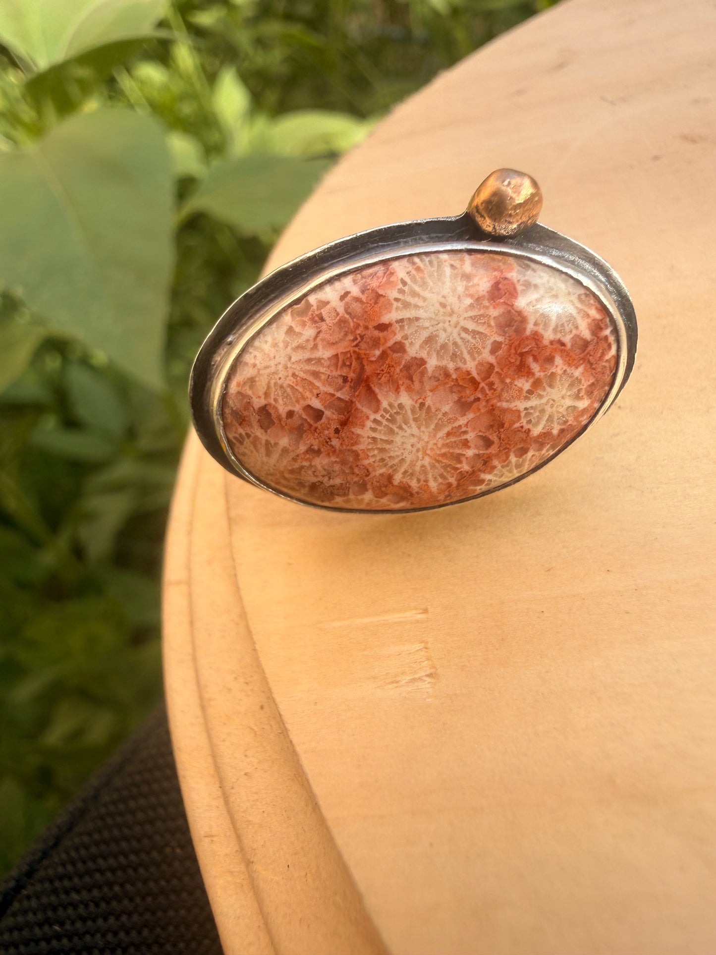 Peach Fossil Coral Ring with Gold Detail