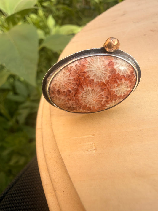 Peach Fossil Coral Ring with Gold Detail