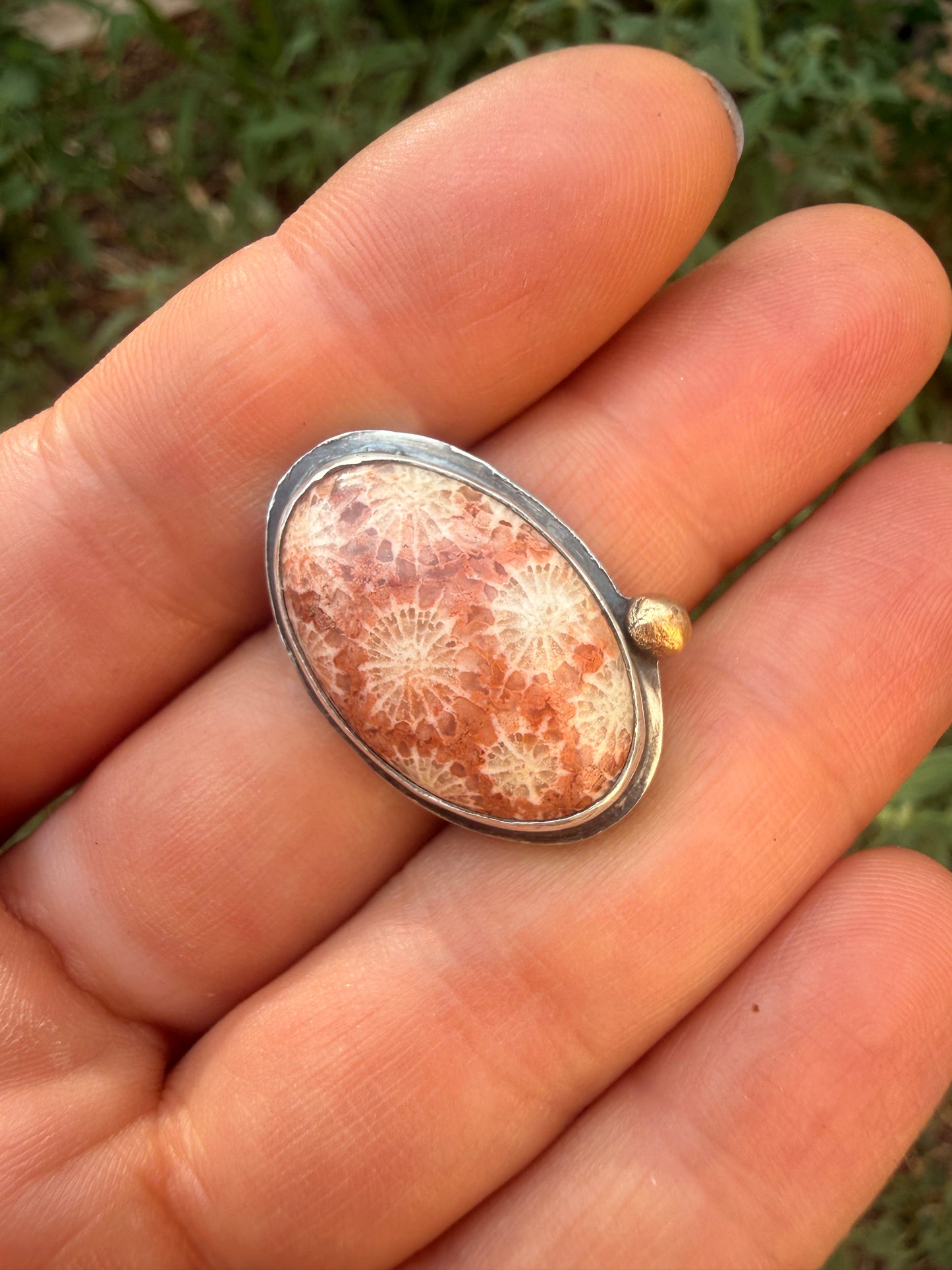 Peach Fossil Coral Ring with Gold Detail