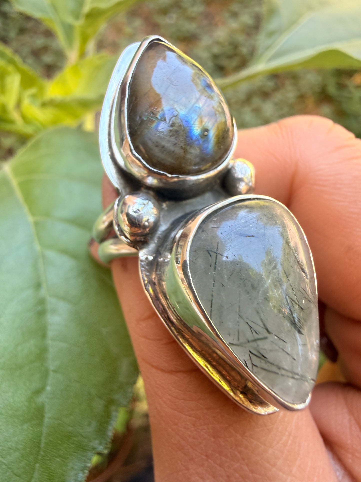 Rutilated Quartz & Labradorite Double Stone Ring