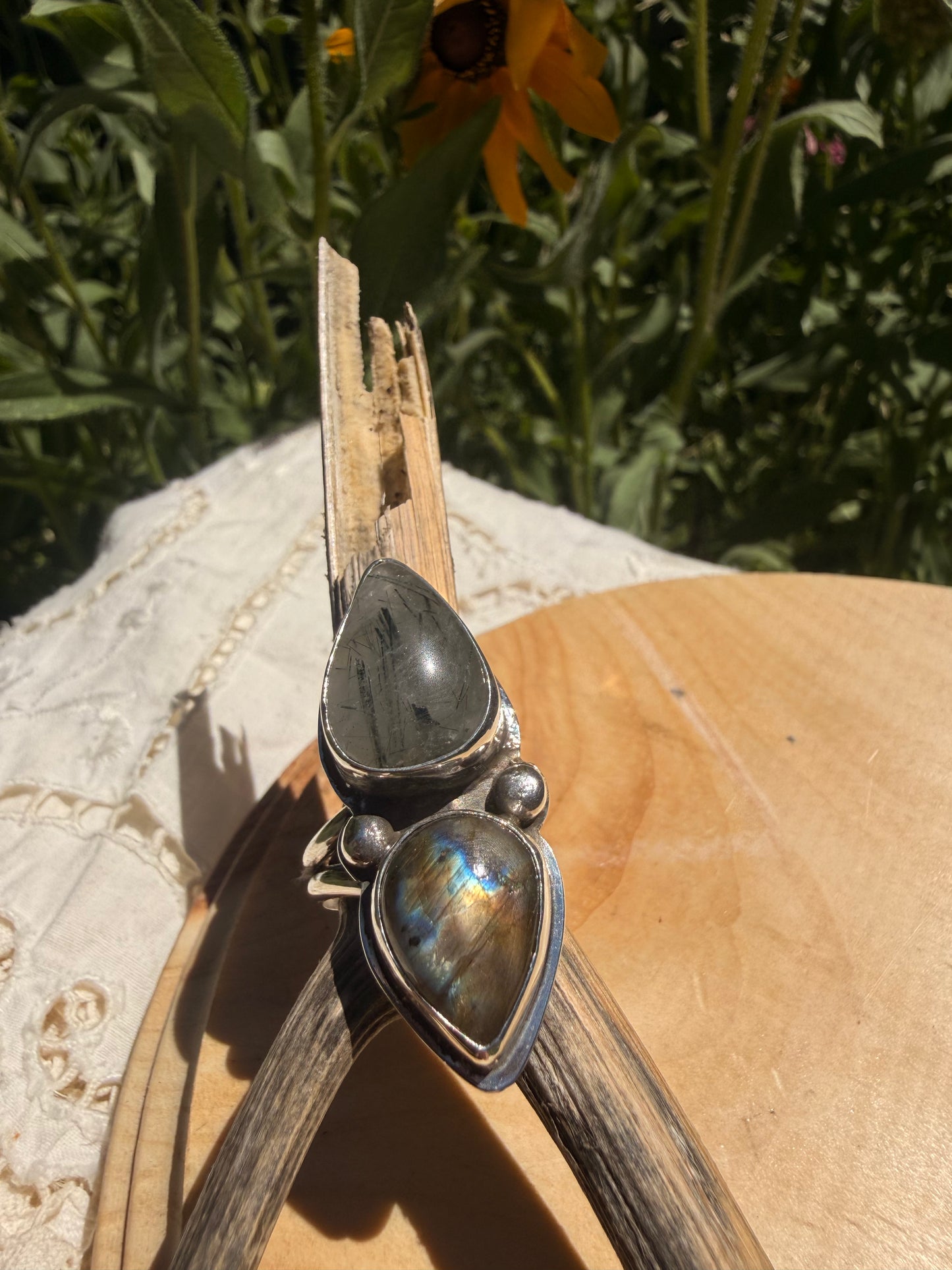 Rutilated Quartz & Labradorite Double Stone Ring
